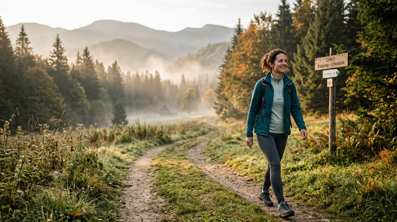 Žena na rannej prechádzke v prírode pri slovenskom lese