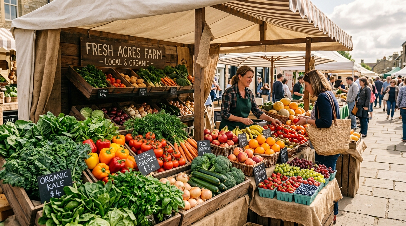 Zelenina a čerstvé ovocie na trhovom pulte